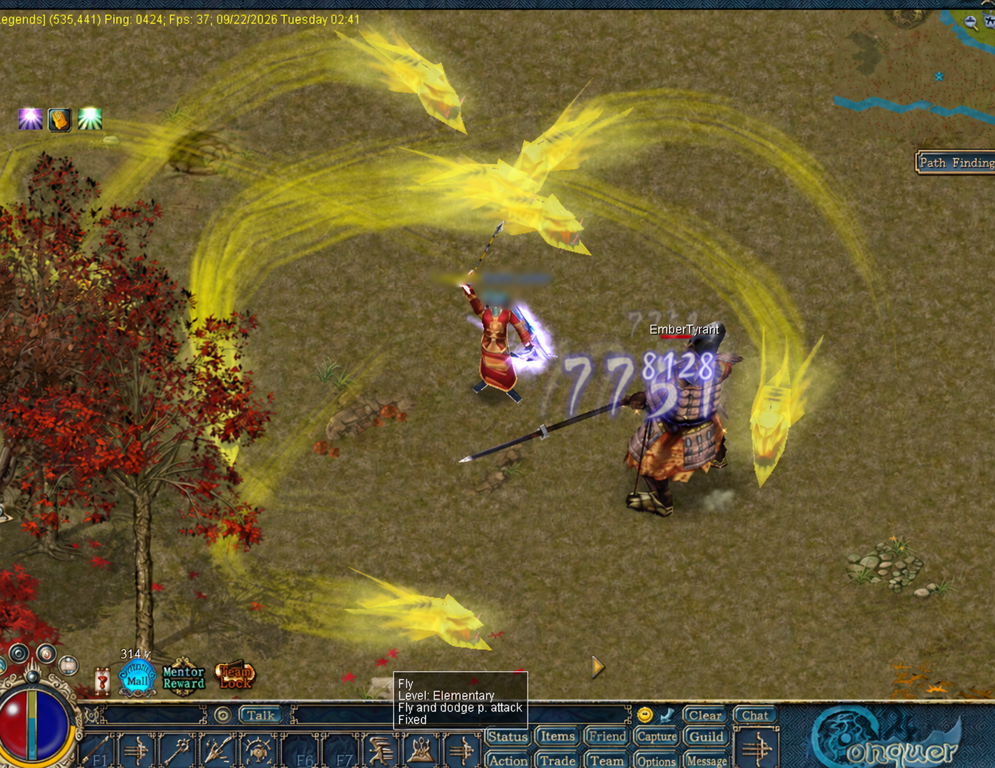A player confronting EmberTyrant in Castle City