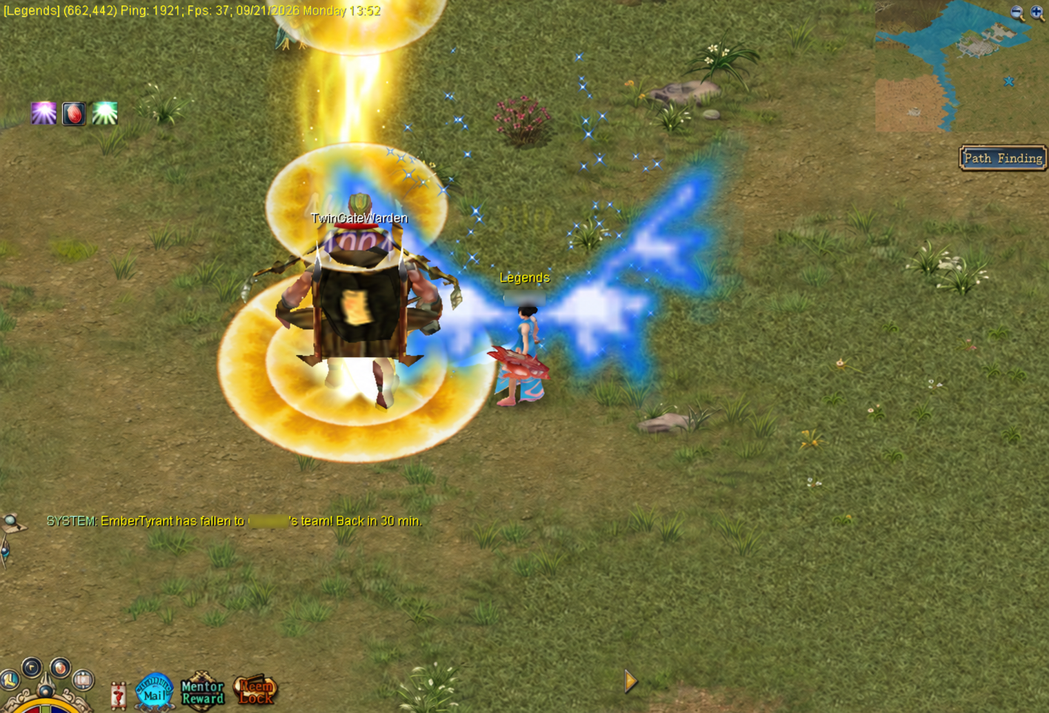 A player fighting Twin Gate Warden in Twin City