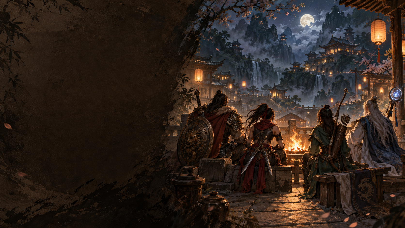 Adventurers gathered together, banners raised, at the heart of the realm