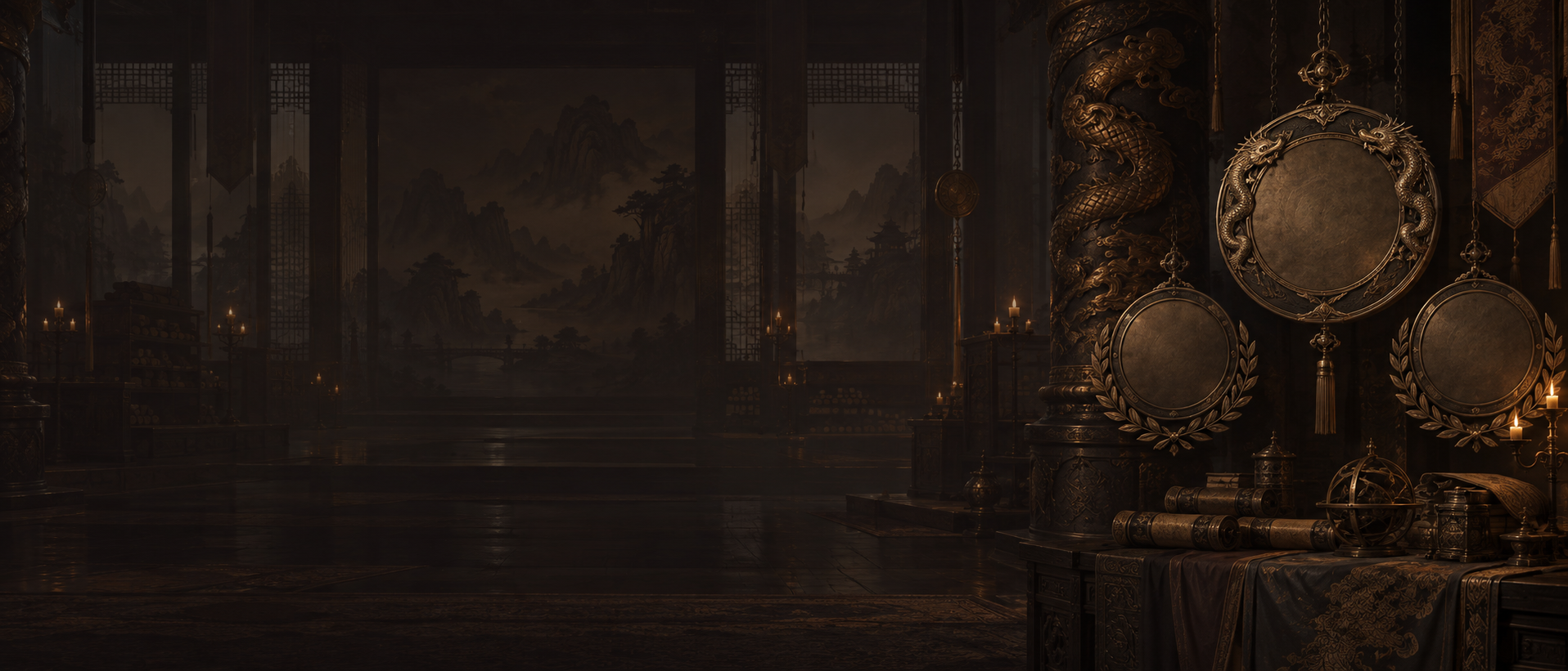 An ancient hall of records, trophies and banners lit from above