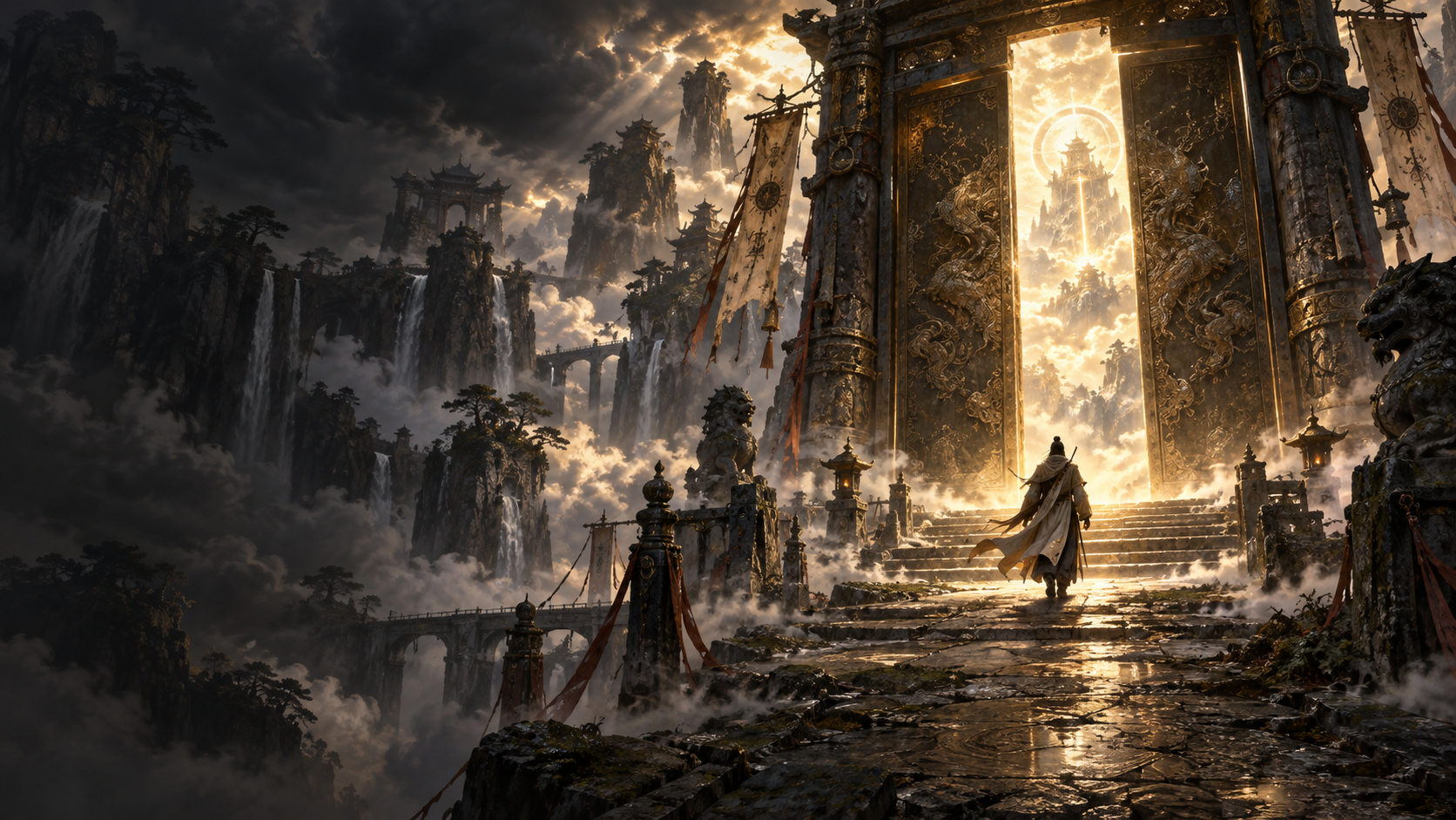 A warrior standing before a mist-shrouded mountain pass, the road to rebirth ahead