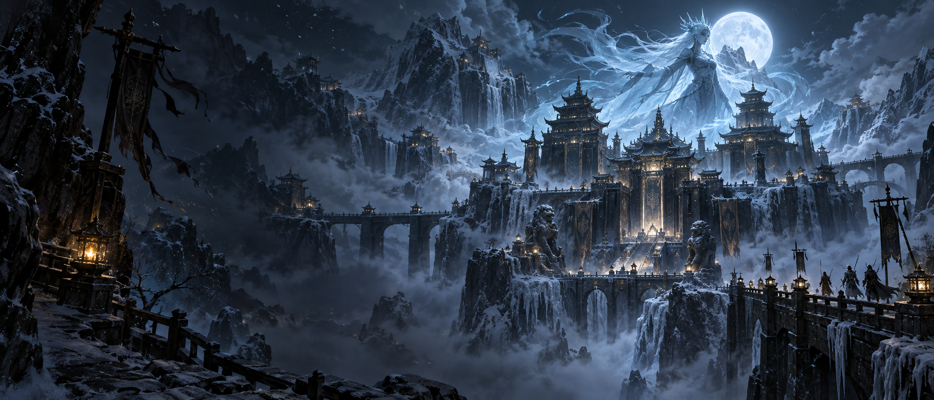 Snow Banshee, the world boss, amid a frozen blue-lit battlefield
